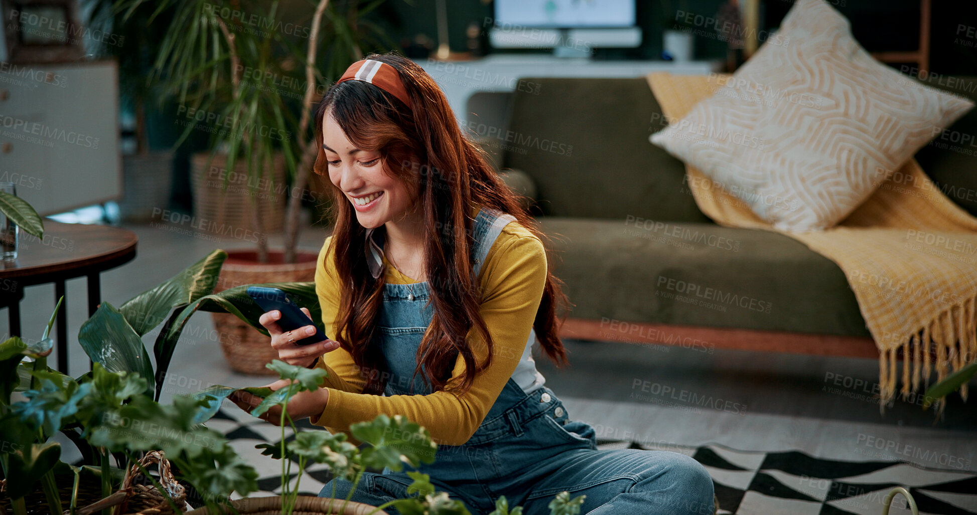 Buy stock photo Picture, plants or woman in home with phone, greenery post or gardening blog in remote work. Happy, freelancer or journalist with tech, horticulture or growth photography for botanical article.