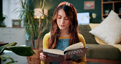 Buy stock photo Horticulture, reading or woman in lounge with book, maintenance or growth tips in manual. Plants, review or person in house with handbook, care instructions or literature guideline in botanical hobby