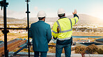 Team, architect or planning construction on balcony in city for building development on site. Back view, people or civil engineering with idea for infrastructure settlement or property design in town