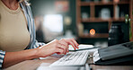 Typing, research and hands of business woman in office for copywriting agency, email marketing and blog. Online editor, publishing project and keyboard with employee in startup for post and report