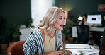 Happy, woman and typing in office with computer, good news or notification for email marketing goals. Coworking, person and smile in business with pc, brand campaign or positive feedback for project.