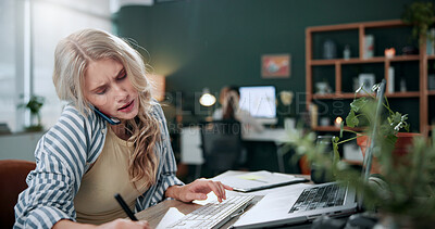 Buy stock photo Woman, writing and phone call in office with laptop, planning and reminder for marketing schedule. Person, tech or contact in creative agency with diary notes, coworking or networking for advertising