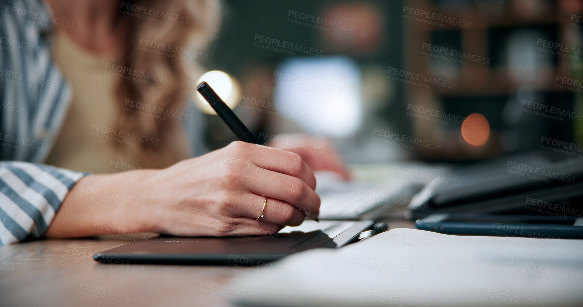 Buy stock photo Hands, woman and graphics tablet for drawing, editing design and development with pen in office. Stylus, designer and pad at creative startup for digital art, sketch review and business project