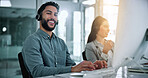 Call center, computer and portrait with business man in office for contact us, flare and help desk, Customer support, coworking and tech hotline with person in agency for consulting and chat