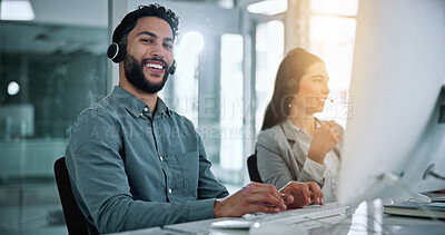 Buy stock photo Call center, computer and portrait with business man in office for contact us, flare and help desk. Customer support, coworking and tech hotline with person in agency for consulting and chat