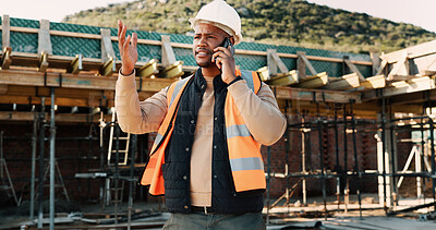 Buy stock photo Phone call, upset and construction worker on site with communication for feedback on building. Cellphone, black man and civil engineer on mobile discussion with frustration for review on renovation.