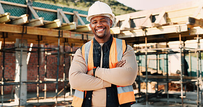 Buy stock photo Crossed arms, happy and portrait of African man on construction site for infrastructure career. Architecture, contractor and person with ppe for safety compliance, renovation project and building