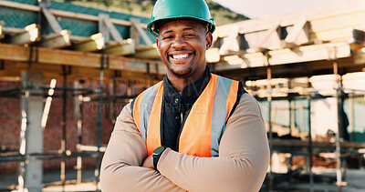 Buy stock photo Crossed arms, helmet and portrait of African man on construction site for infrastructure career. Architecture, contractor and happy person with ppe for safety compliance, renovation and building