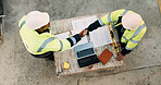 Construction, men and architect with handshake outdoor for site handover, legal closure or agreement. Architecture, above and people shaking hands for duty transfer, professional trust or cooperation