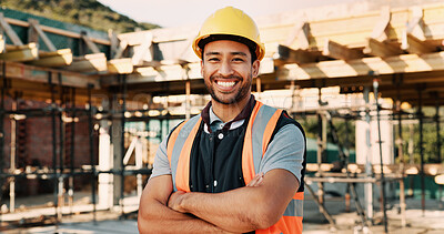 Buy stock photo Confident, crossed arms and portrait of man on construction site for infrastructure career outdoor. Architecture, contractor and person with ppe for safety compliance, building project and pride