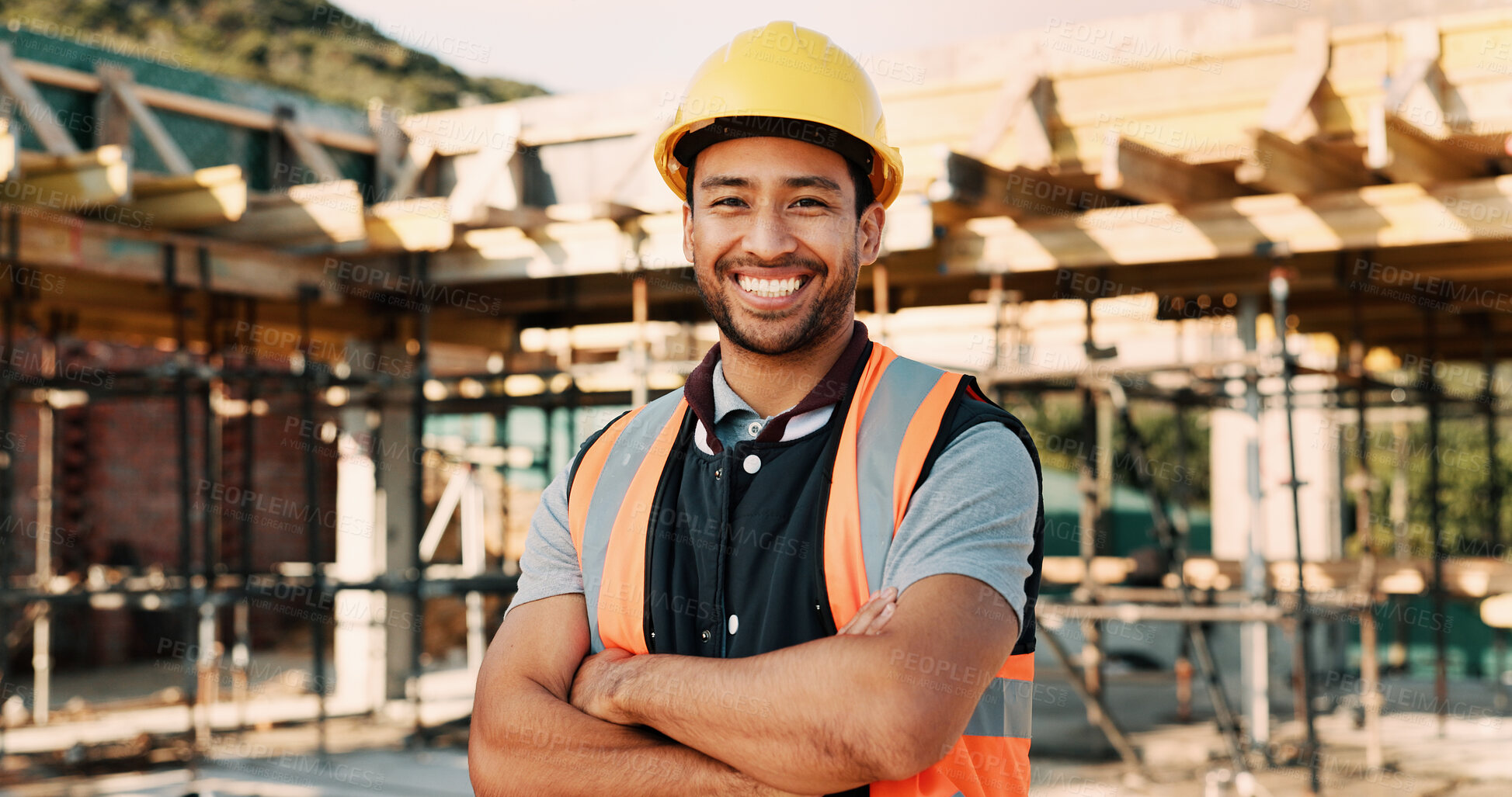 Buy stock photo Confident, crossed arms and portrait of man on construction site for infrastructure career outdoor. Architecture, contractor and person with ppe for safety compliance, building project and pride