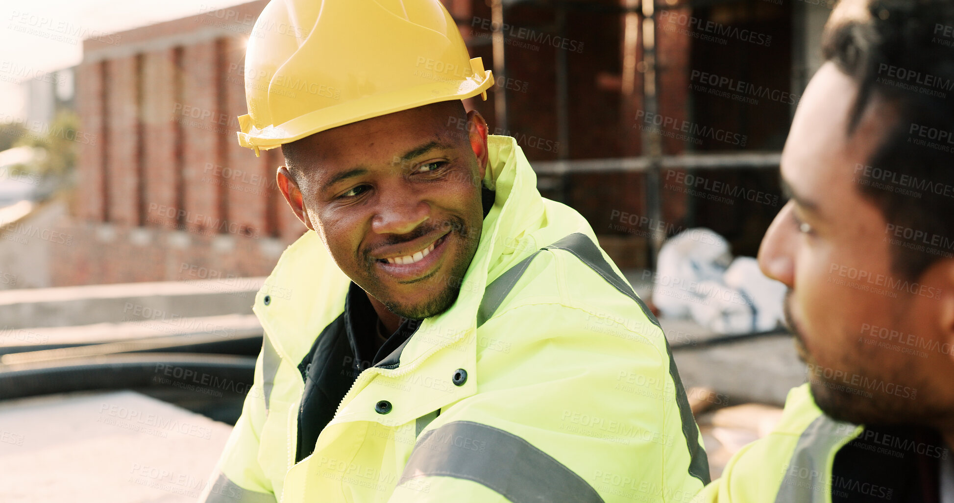 Buy stock photo Construction, men and happy with talk on site for civil engineering, building update or planning. Safety, team or smile with discussion outdoor for renovation progress, project management or feedback