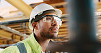 Serious, man and thinking with goggles in construction for building progress, site safety or vision. PPE, foreman and reflection outdoor for renovation inspection, risk assessment and quality control