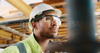 Buy stock photo Serious, man and thinking with goggles in construction for building progress, site safety or vision. PPE, foreman and reflection outdoor for renovation inspection, risk assessment and quality control
