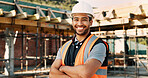 Smile, crossed arms and portrait of man with construction career, confidence and building project. Architecture, contractor and person with ppe for safety compliance, infrastructure and engineering