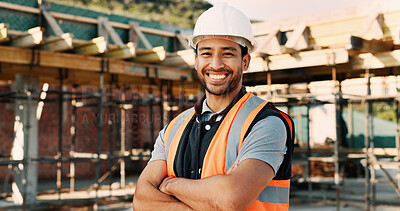 Buy stock photo Smile, crossed arms and portrait of man with construction career, confidence and building project. Architecture, contractor and person with ppe for safety compliance, infrastructure and engineering