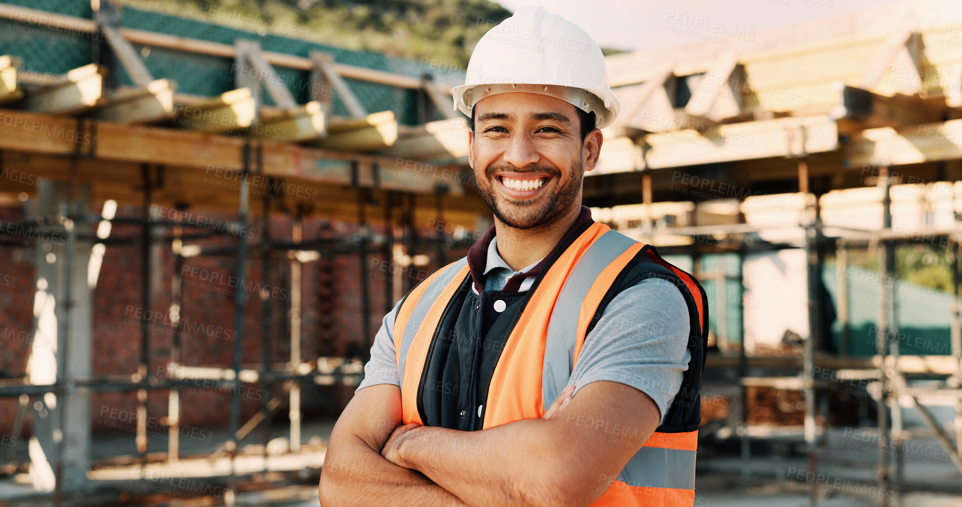 Buy stock photo Smile, crossed arms and portrait of man with construction career, confidence and building project. Architecture, contractor and person with ppe for safety compliance, infrastructure and engineering