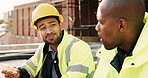Construction, man and team eating on site for work break, nutrition and rest from manual labor. Conversation, happy people and sandwich outdoor for lunch, hungry workers and relax with healthy meal