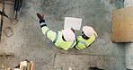 People, architect or pointing with blueprint on construction site above for building design. Top view, contractor or civil engineer with documents, paper or floor plan for architecture development