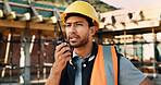 Talking, update and man with radio on construction site for contact, feedback and planning. Architecture, engineer and person with communication for building progress, instructions and infrastructure