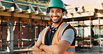Happy, crossed arms and portrait of man with construction career, confidence and building project. Architecture, contractor and person with ppe for safety compliance, infrastructure and engineering