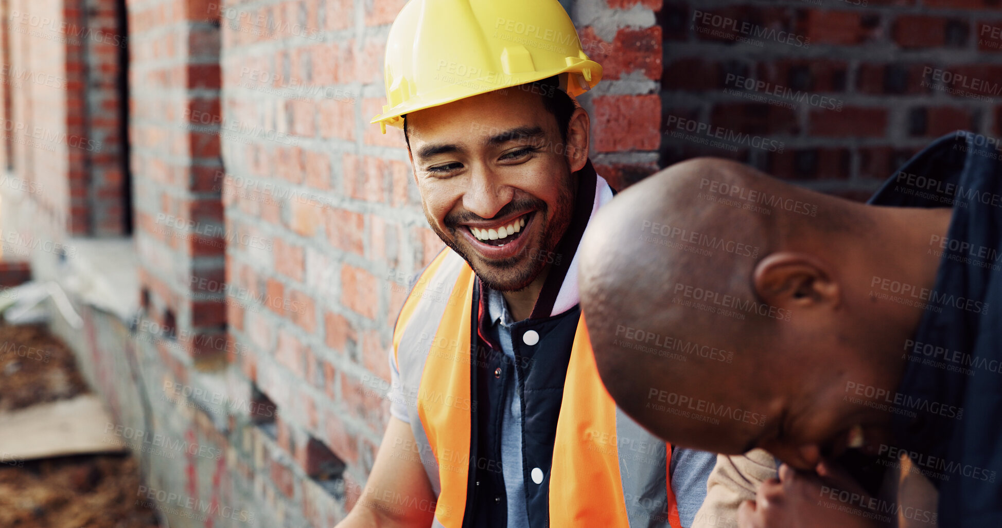 Buy stock photo Laugh, men and construction workers in conversation on site for home renovation in collaboration. Happy, break and male civil engineers in discussion with funny joke together for property building.