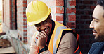 Happy, men and construction workers in conversation on site for home renovation in collaboration. Laugh, break and male civil engineers in discussion with funny joke together for property building.