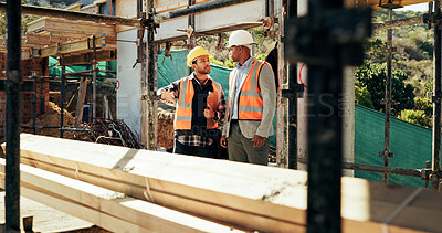 Buy stock photo Civil engineering, ideas and men with clipboard, construction site and safety inspection for project. Architect, pointing and people with checklist for architecture, discussion and collaboration