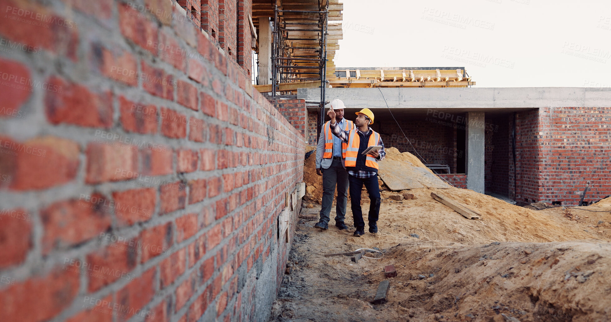 Buy stock photo Civil engineering, team and men with tablet, outdoor and safety inspection for property development. Architect, collaboration or people with tech for architecture project, discussion and construction