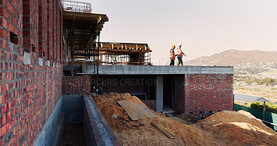 Buy stock photo Civil engineering, teamwork and men with ideas on roof, construction site and inspection for project. Architect, point and people with plans for architecture, talking and collaboration at building