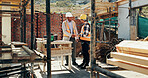 Architect, handshake and happy men at construction site, success and collaboration for architecture. Civil engineering, shaking hands and people with gesture on building, agreement and achievement
