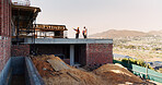 People, architect and building on construction site in city for architecture development. Contractor, team or civil engineer with industrial structure for infrastructure project in urban settlement