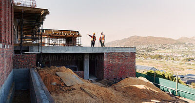 Buy stock photo People, architect or building on construction site in city space for architecture development. Contractor, team or civil engineer with industrial safety for infrastructure project in urban settlement