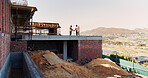 Architect, handshake and men on rooftop, construction site or collaboration for architecture project. Civil engineering, shaking hands and people with gesture on building, agreement and teamwork