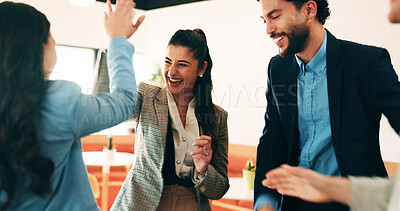 Buy stock photo Business people, high five and team at cafe, success and happy with congratulations for achievement. Women, men and excited with motivation, goals or support with smile for celebration at coffee shop