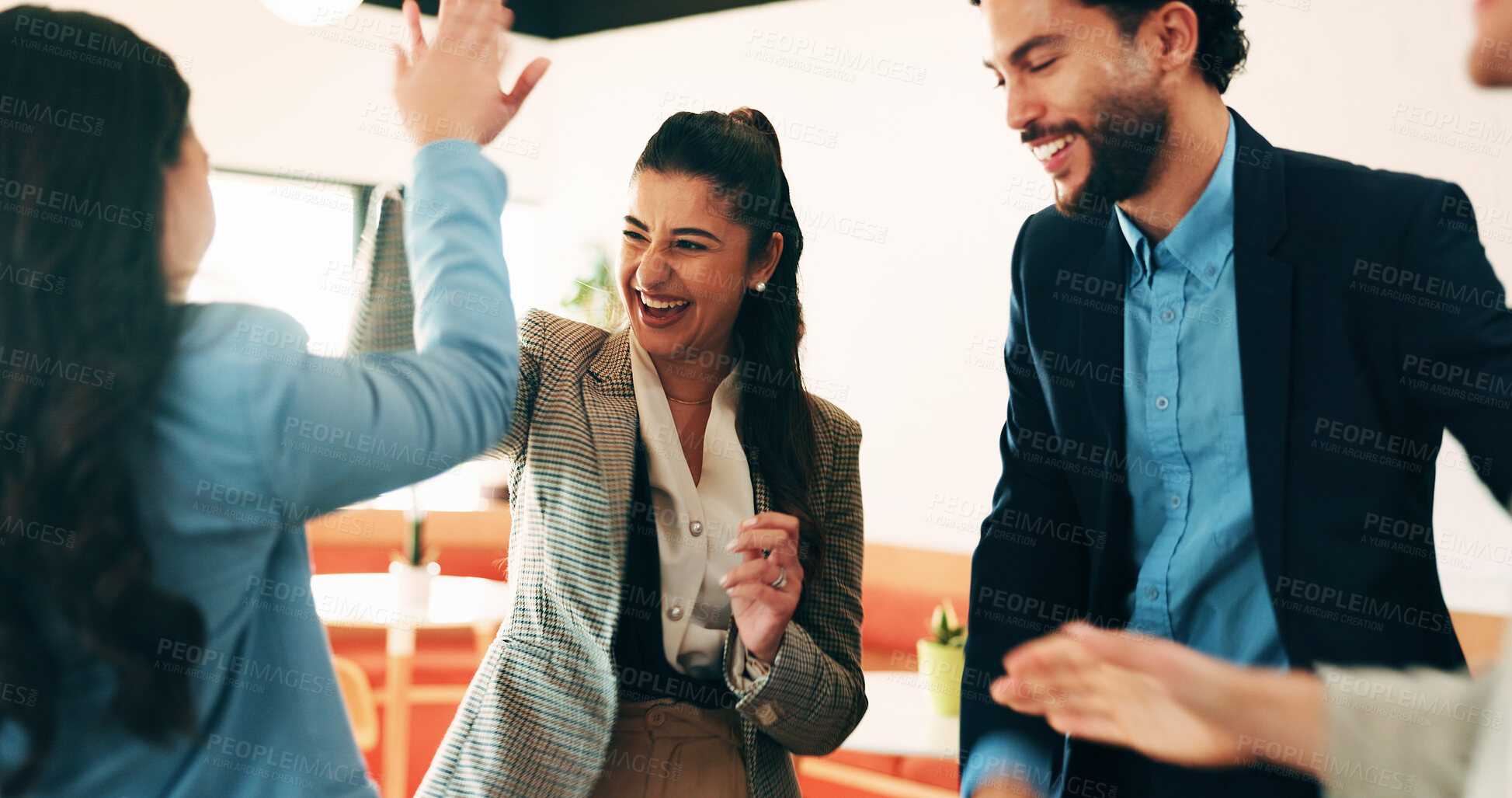 Buy stock photo Business people, high five and team at cafe, success and happy with congratulations for achievement. Women, men and excited with motivation, goals or support with smile for celebration at coffee shop