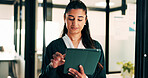 Woman, tablet and report in office for legal research, business and communication. Lawyer, digital tech and consultant in law firm for case study, planning agenda and article review for information