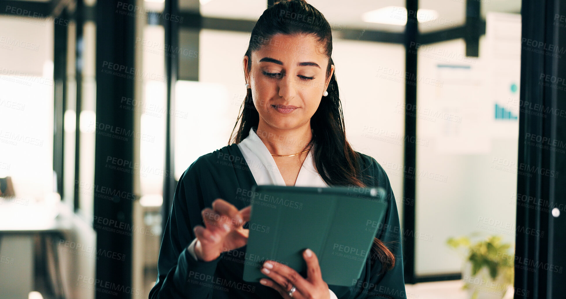 Buy stock photo Woman, tablet and report in office for legal research, business and communication at law firm. Lawyer, digital tech and consultant for case study, planning agenda and article review for information