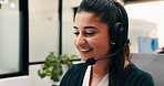 Smile, contact and woman with headset in call center, customer care hotline and online assistance. Virtual services, communication or operator with advice for inquiry, tech support or troubleshooting