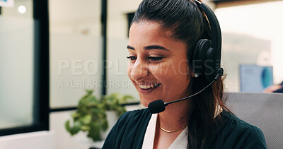 Buy stock photo Smile, contact and woman with headset in call center, customer care hotline and online assistance. Virtual services, communication or operator with advice for inquiry, tech support or troubleshooting