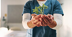 Hands, growth and plant with nurse in hospital for hope, compassion and care for medical healing. Palm, green leaves and nursing with person for responsibility, healthcare and support for recovery