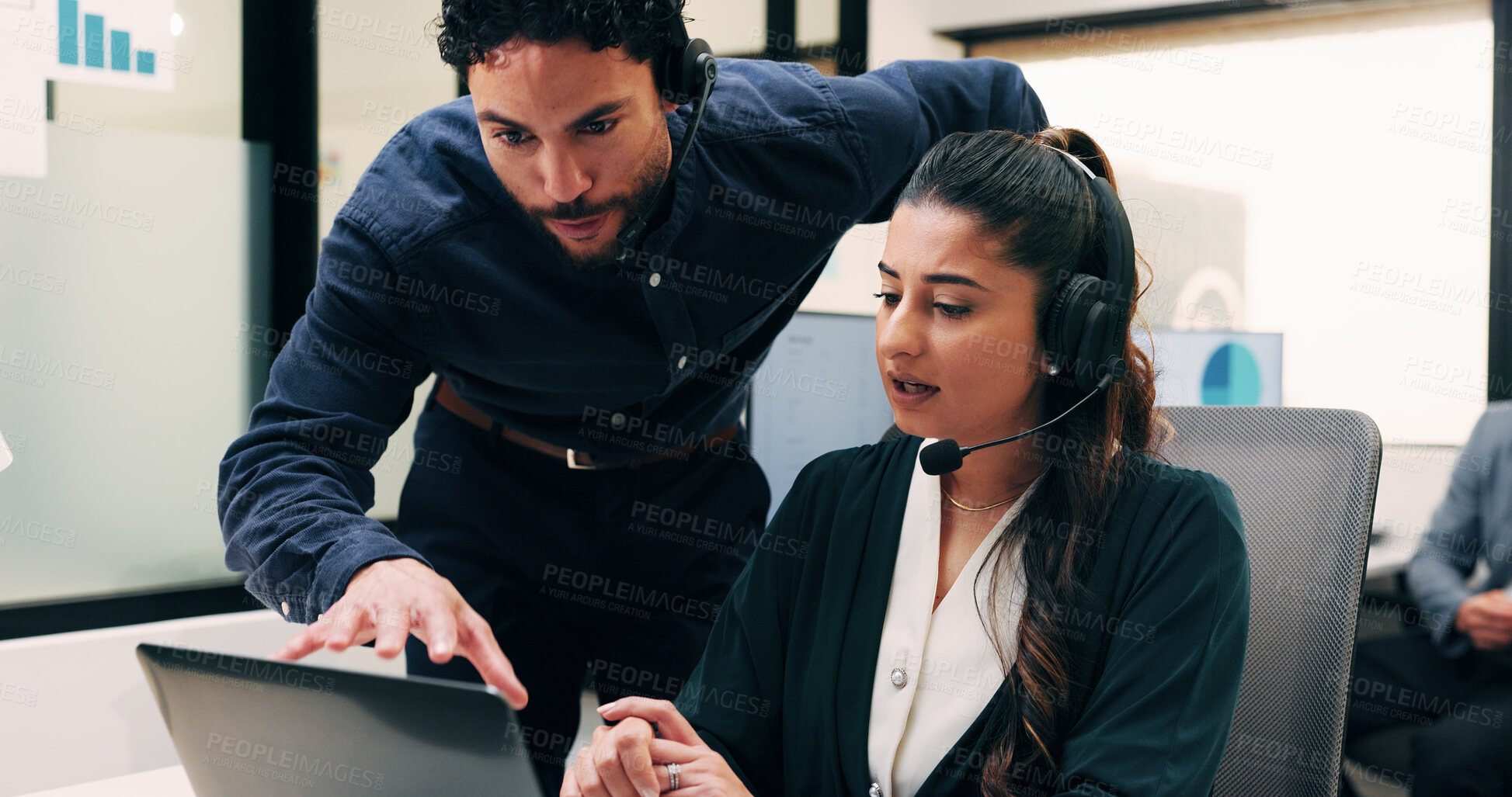 Buy stock photo Telemarketing, team and sales agent in office with laptop, data analysis and advice for performance. Consultant, people and discussion in call center with computer, graphs or stats for collaboration.
