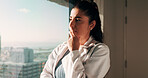 Doctor, woman or thinking at hospital window for clinical insight, diagnostic challenge or idea. Healthcare, professional or problem solving in clinic for treatment plan, medical decision or solution
