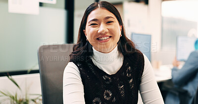 Buy stock photo Woman, portrait and web designer with smile in office or digital marketing agency for career pride. Happy, Asian person or creative employee with positive attitude for online design in workplace