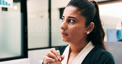 Buy stock photo Woman, worry and thinking in office with decision, data analysis or stress for bad sales performance. Person, concern or analyst in business with graphs, stats or problem solving for financial crisis