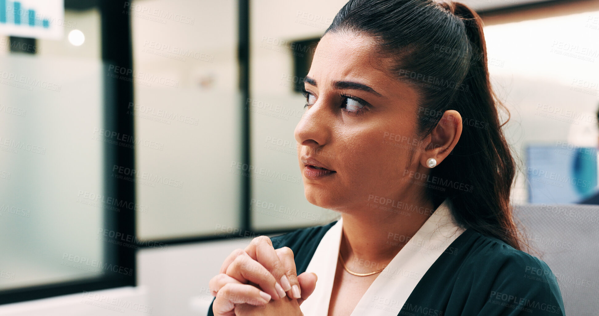 Buy stock photo Woman, worry and thinking in office with decision, data analysis or stress for bad sales performance. Person, concern or analyst in business with graphs, stats or problem solving for financial crisis