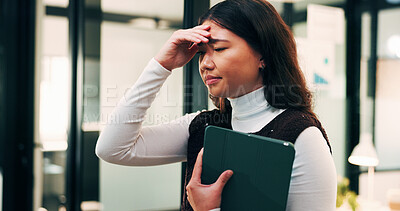 Buy stock photo Headache, pressure and Asian woman in office with tablet, frustrated and burnout with discomfort. Strain, brain fog and employee with tech, workplace exhaustion and migraine issue with dizziness.