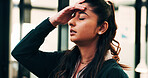 Headache, pressure and woman in office with pain, frustrated and scalp tension with discomfort. Strain, stress or employee with brain fog, workplace exhaustion or migraine issue with dizziness.