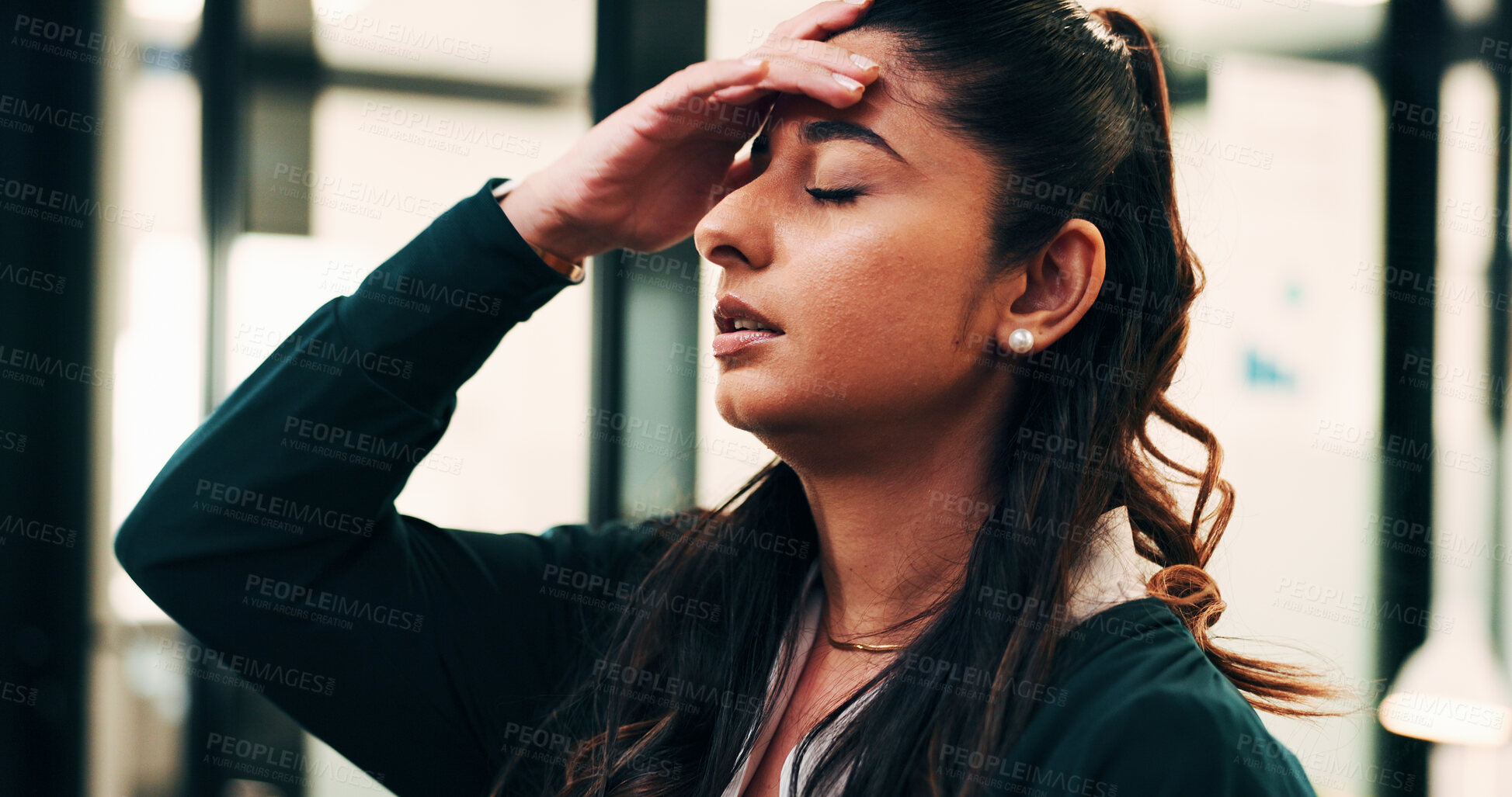 Buy stock photo Headache, pressure and woman in office with pain, frustrated and scalp tension with discomfort. Strain, stress or employee with brain fog, workplace exhaustion or migraine issue with dizziness.