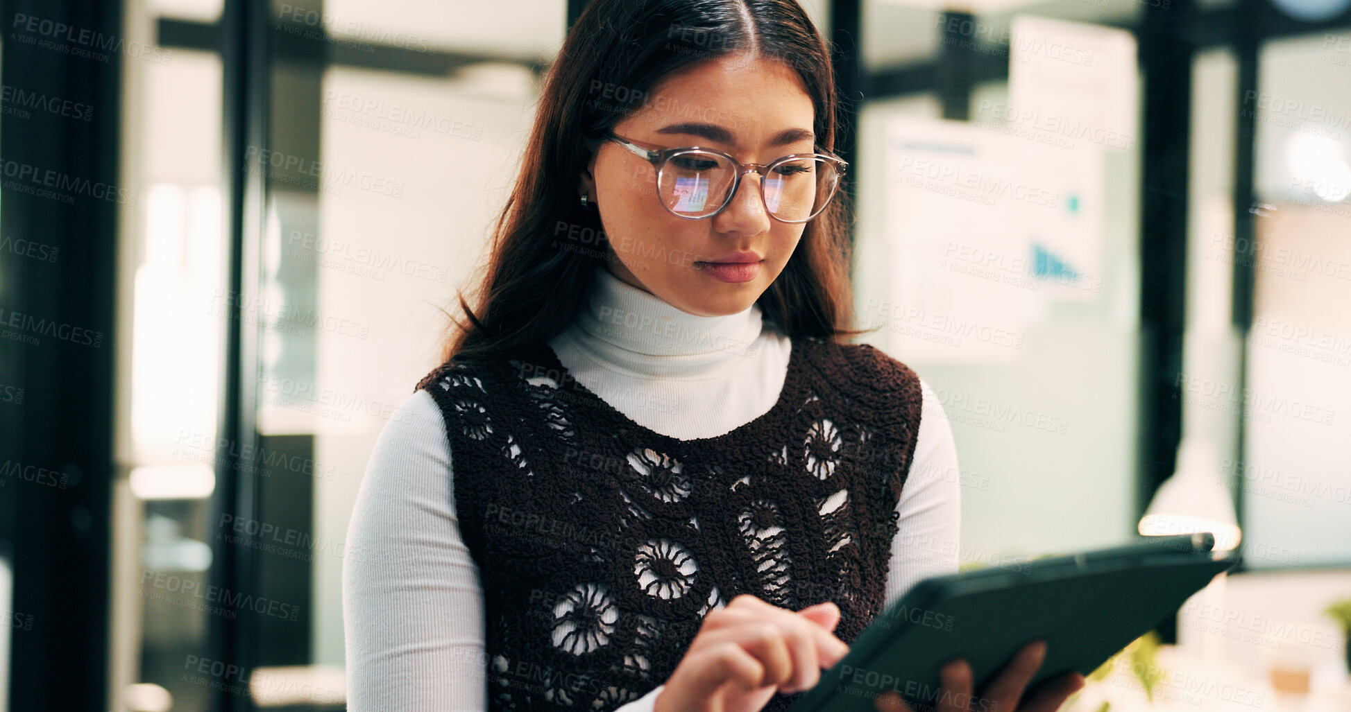Buy stock photo Attorney, tablet and report in office for legal research, business and communication. Woman, digital tech and consultant in law firm for case study, planning agenda and article review for information
